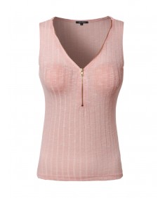 Women's Sleeveless Ribbed Top With Center Zipper