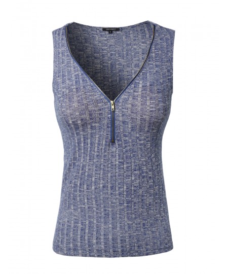 Women's Sleeveless Ribbed Top With Center Zipper