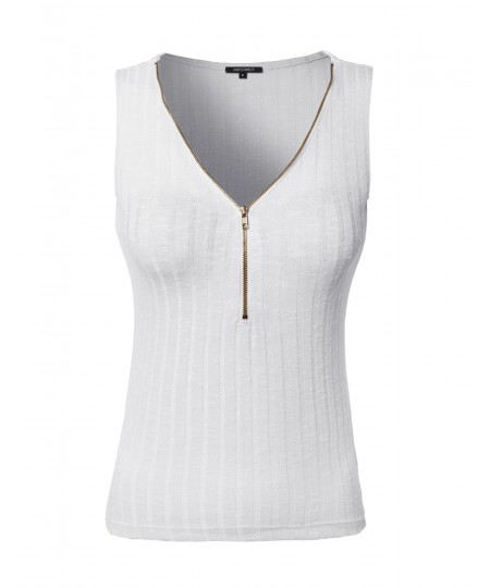 Women's Sleeveless Ribbed Top With Center Zipper