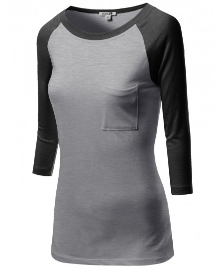 Women's 3/4 Color Contrast Sleeve Pocket Raglan Baseball T-Shirt Tops