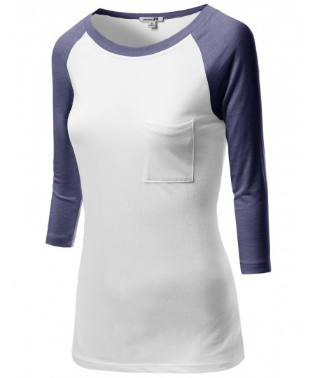 Women's 3/4 Color Contrast Sleeve Pocket Raglan Baseball T-Shirt Tops