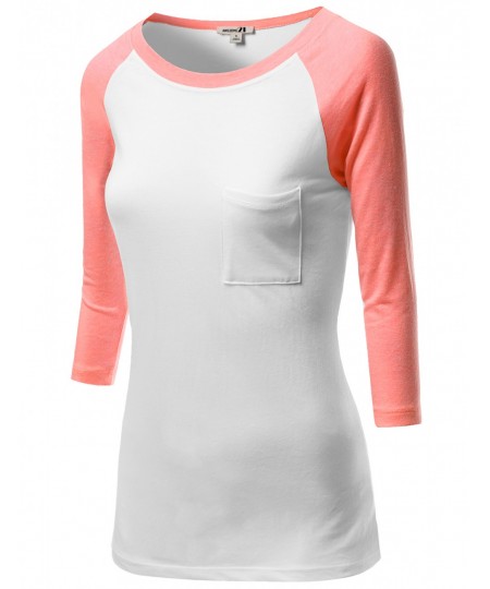 Women's 3/4 Color Contrast Sleeve Pocket Raglan Baseball T-Shirt Tops
