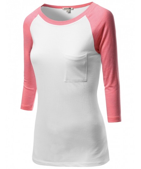 Women's 3/4 Color Contrast Sleeve Pocket Raglan Baseball T-Shirt Tops