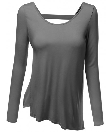 Women's Long Sleeve Color Contrast Asymmetrical Hem Tops