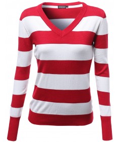 Women's Basic V Neck Stripe Pull Over Knit Sweaters