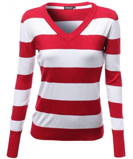 Women's Basic V Neck Stripe Pull Over Knit Sweaters