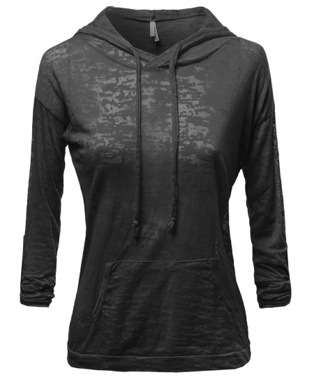 Women's Basic Solid Light Weight Burned Out Hoodie Tops