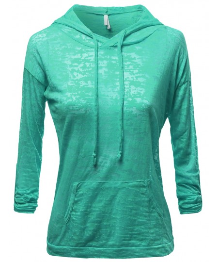 Women's Basic Solid Light Weight Burned Out Hoodie Tops