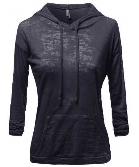Women's Basic Solid Light Weight Burned Out Hoodie Tops