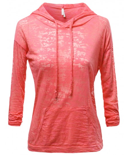 Women's Basic Solid Light Weight Burned Out Hoodie Tops