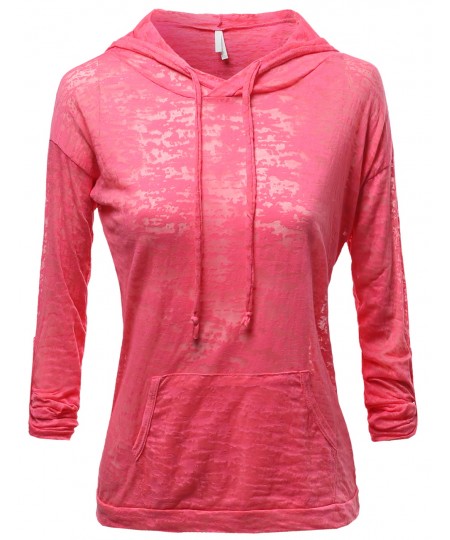 Women's Basic Solid Light Weight Burned Out Hoodie Tops