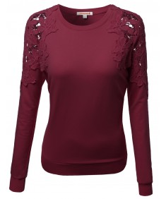 Women's Crochet Lace Shoulder Fleece Lined Thermal Top Tshirts