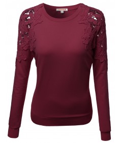 Women's Crochet Lace Shoulder Fleece Lined Thermal Top Tshirts