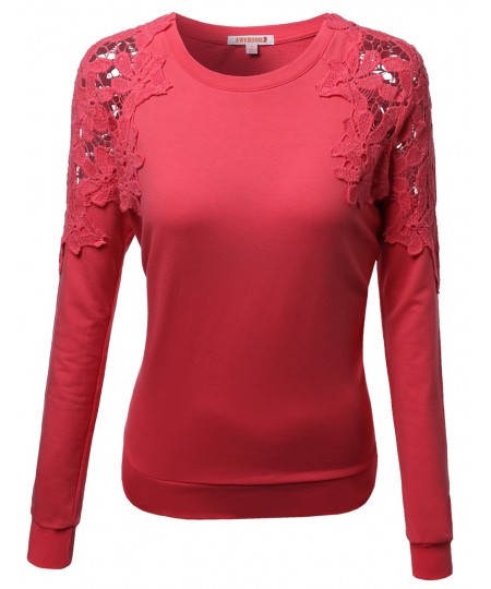 Women's Crochet Lace Shoulder Fleece Lined Thermal Top Tshirts