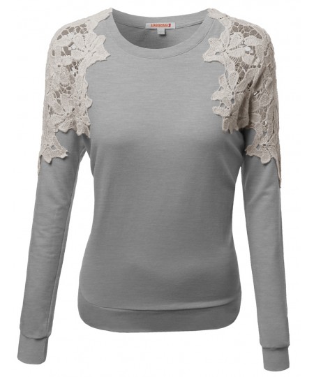 Women's Crochet Lace Shoulder Fleece Lined Thermal Top Tshirts