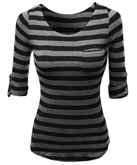 Women's Cute 3/4 Tabbed Sleeve Striped Basic Casual Tee Shirts Top