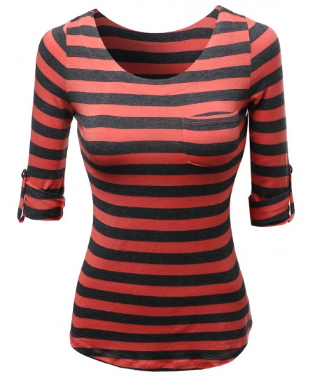 Women's Cute 3/4 Tabbed Sleeve Striped Basic Casual Tee Shirts Top