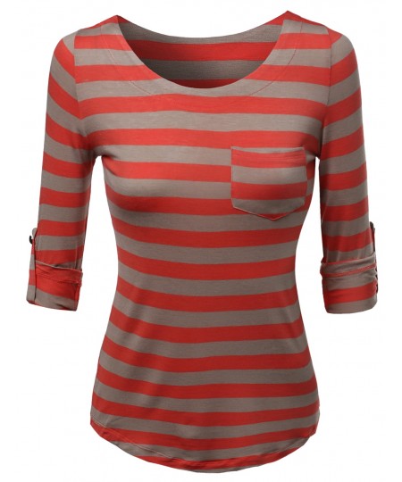 Women's Cute 3/4 Tabbed Sleeve Striped Basic Casual Tee Shirts Top