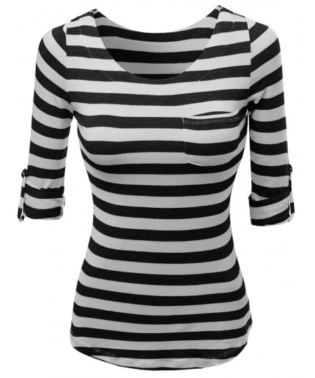 Women's Cute 3/4 Tabbed Sleeve Striped Basic Casual Tee Shirts Top