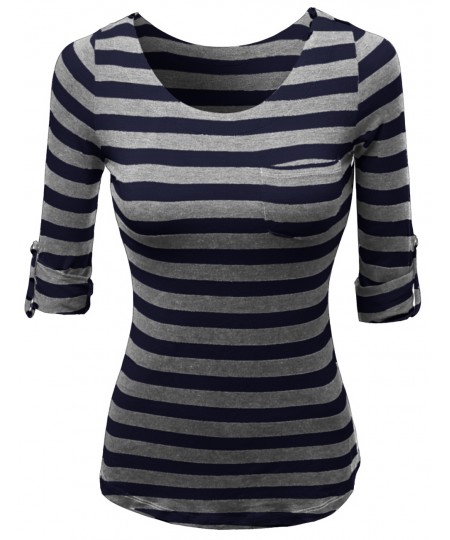 Women's Cute 3/4 Tabbed Sleeve Striped Basic Casual Tee Shirts Top