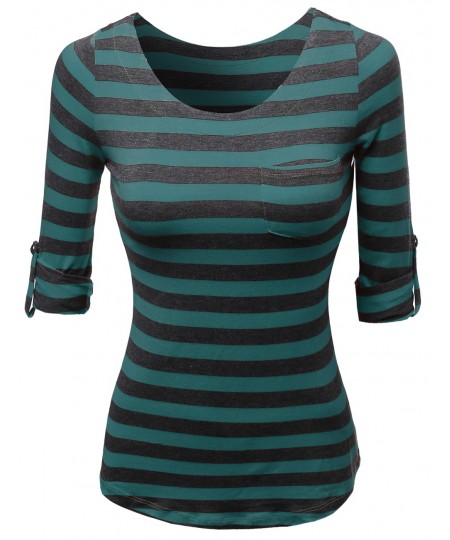 Women's Cute 3/4 Tabbed Sleeve Striped Basic Casual Tee Shirts Top