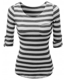 Women's Cute 3/4 Tabbed Sleeve Striped Basic Casual Tee Shirts Top