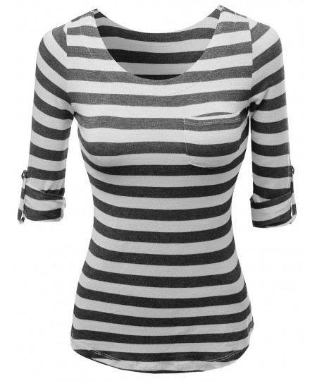 Women's Cute 3/4 Tabbed Sleeve Striped Basic Casual Tee Shirts Top