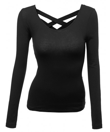 Women's Super Cute Back Strap Rould Neck Casual Basic Long Sleeve Top