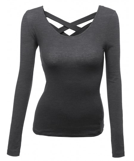 Women's Super Cute Back Strap Rould Neck Casual Basic Long Sleeve Top