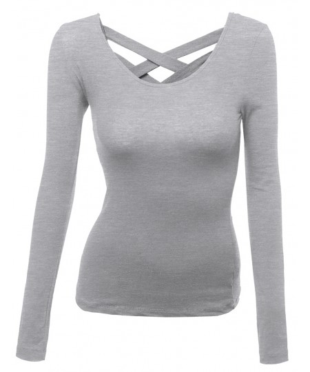 Women's Super Cute Back Strap Rould Neck Casual Basic Long Sleeve Top