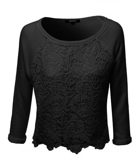 Women's Long Sleeve Floral Crochet Overlay French Terry Crop Top