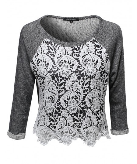 Women's Long Sleeve Floral Crochet Overlay French Terry Crop Top