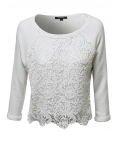 Women's Long Sleeve Floral Crochet Overlay French Terry Crop Top