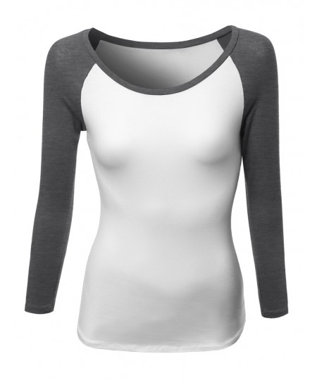 Women's Color Contrast Scoop Neck 3/4 Sleeve Baseball Tee