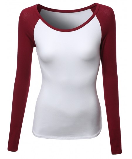 Women's Color Contrast Scoop Neck Long Sleeve Baseball Tee