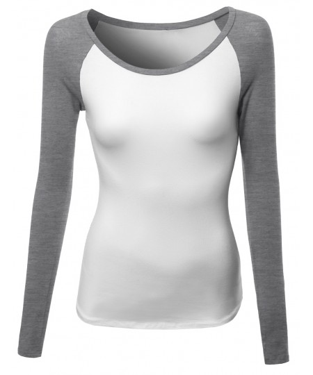 Women's Color Contrast Scoop Neck Long Sleeve Baseball Tee