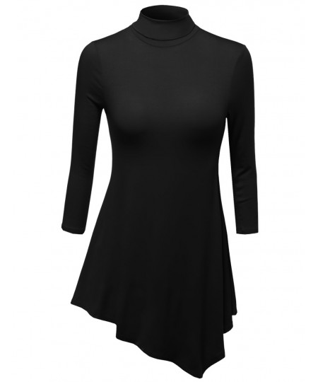 Women's Mock-Neck 3/4Sleeve Drapey Around 30"Long Top