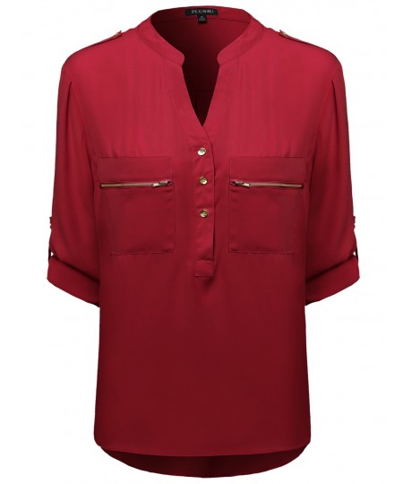 Women's Button Down Adjustable Tabbed Long Sleeve Shirt Blouse