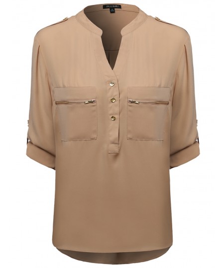 Women's Button Down Adjustable Tabbed Long Sleeve Shirt Blouse
