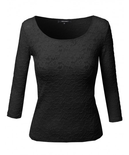 Women's Good Strechy 3/4 Sleeve Scoop Neck Lace Top