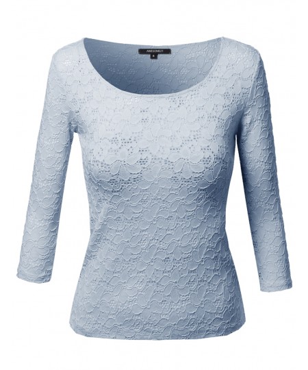 Women's Good Strechy 3/4 Sleeve Scoop Neck Lace Top