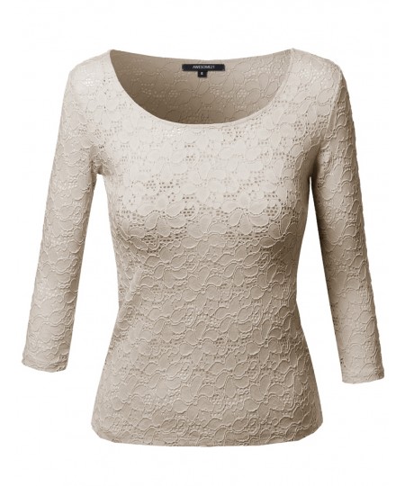 Women's Good Strechy 3/4 Sleeve Scoop Neck Lace Top