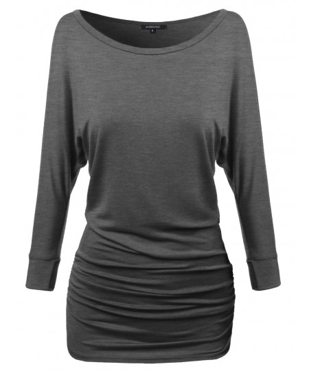 Women's Dolman 3/4 Sleeve Side Shirring Long Tee In Various Colors