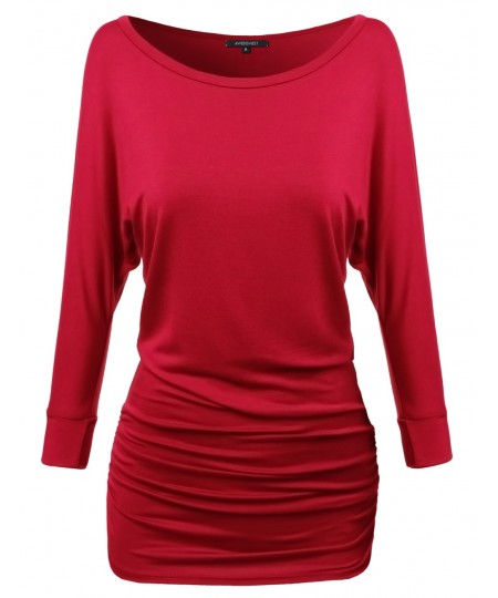 Women's Dolman 3/4 Sleeve Side Shirring Long Tee In Various Colors