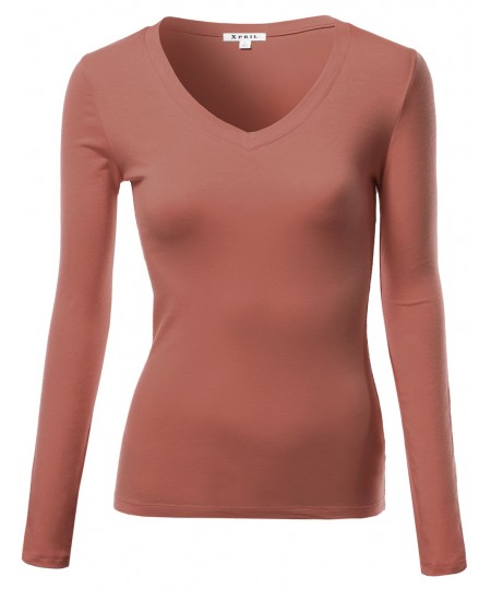 Women's Basic Solid V-Neck Long Sleeve T-Shirts