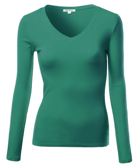 Women's Basic Solid V-Neck Long Sleeve T-Shirts