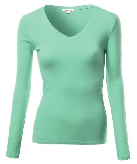 Women's Basic Solid V-Neck Long Sleeve T-Shirts