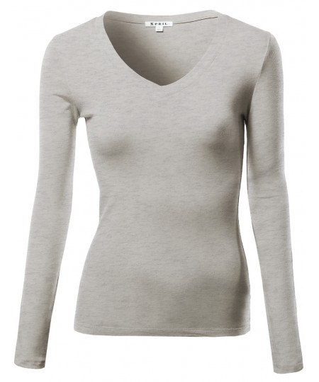 Women's Basic Solid V-Neck Long Sleeve T-Shirts
