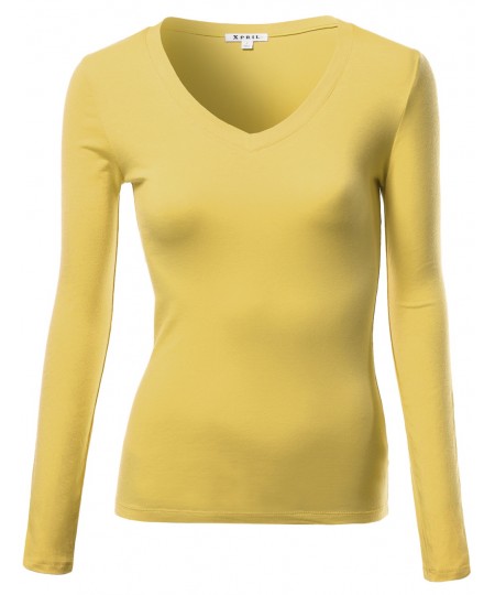 Women's Basic Solid V-Neck Long Sleeve T-Shirts