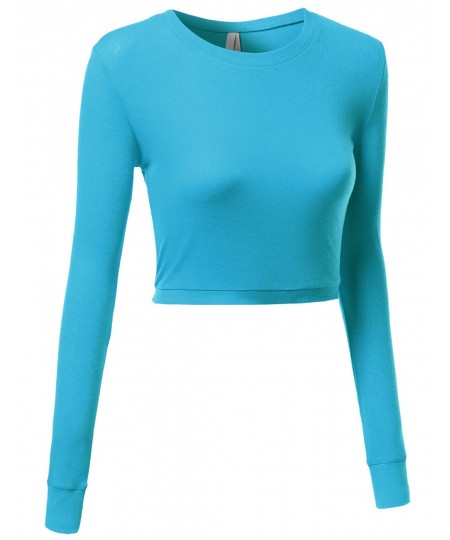 Women's Basic Solid Long Sleeve Round Neck Crop Sweater Tops